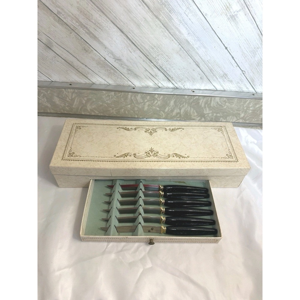 Vintage Bridal Shower Gift Serving Utensil Set Black Handles Gold Accent NICE!